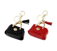 sourcing map Porte-clés mignon pour sac à main avec pompons, accessoires de sac à main en cuir pour femmes et filles, casque de sac, sac à dos, (noir/rouge)