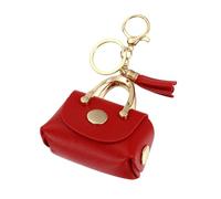 sourcing map Porte-clés porte-monnaie, mini sac à main mignon avec pompons, accessoires de breloque de sac en cuir, Rouge, Pochette à monnaie