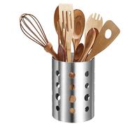 sourcing map Porte-ustensiles de cuisine rond en acier inoxydable de 10 x 14 cm avec trou de drainage pour comptoir de cuisine, restaurant, paille, cuillère, baguette, argent