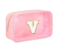 sourcing map Trousse de maquillage initiale transparente avec fermeture éclair, pochette de maquillage portable pour un usage quotidien, rose, Lettre V