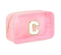 sourcing map Trousse de maquillage initiale transparente avec fermeture éclair, pochette de maquillage portable pour un usage quotidien, rose, Lettre C