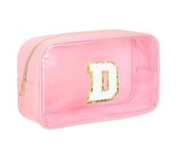 sourcing map Trousse de maquillage initiale transparente avec fermeture éclair, pochette de maquillage portable pour un usage quotidien, rose, Lettre D