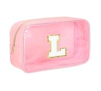 sourcing map Trousse de maquillage initiale transparente avec fermeture éclair, pochette de maquillage portable pour un usage quotidien, rose, Lettre L