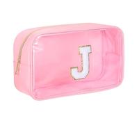 sourcing map Trousse de maquillage initiale transparente avec fermeture éclair, pochette de maquillage portable pour un usage quotidien, rose, Lettre J