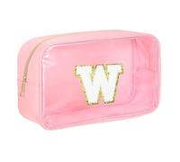 sourcing map Trousse de maquillage initiale transparente avec fermeture éclair, pochette de maquillage portable pour un usage quotidien, rose, Lettre W