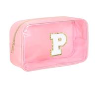 sourcing map Trousse de maquillage initiale transparente avec fermeture éclair, pochette de maquillage portable pour un usage quotidien, rose, Lettre P