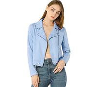 sourcing map Veste courte pour femme Soft Moto Poches zippées Vestes de motard en faux suède Bleu clair S