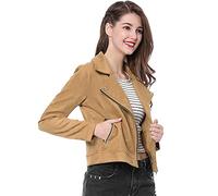 sourcing map Veste courte pour femme Soft Moto Poches zippées Vestes de motard en faux suède Kaki Clair XS