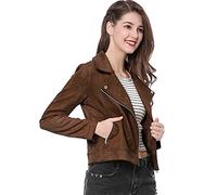 sourcing map Veste courte pour femme Soft Moto Poches zippées Vestes de motard en faux suède Marron foncé L