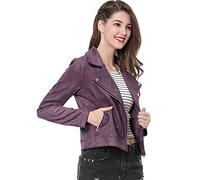 sourcing map Veste courte pour femme Soft Moto Poches zippées Vestes de motard en faux suède Violet foncé S