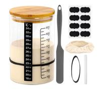 Sourdôugh Jar - 8.27 Inch Fermentation Jar | Glass Wood Starter Kit - Easy to clean clear visibility includes scraper thermometer sticker rubber bands cloth cap blackboard and no dust pen for baking