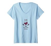 Souriez, il y a du vin à la Maison, décoration d'intérieur Amusante pour Les Amateurs de vin T-Shirt avec Col en V, Femme, Bleu Céleste, L