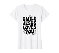 Souriez, Jésus Vous Aime, Foi chrétienne, Source d'inspiration T-Shirt Graphique avec Valeur, Femme, Blanc, XL