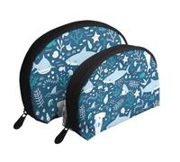Sourire Requin Animaux Marins Poissons Étoile De Mer Bleu, Trousse de Maquillage Coquille Femme Petit Porte-Monnaie Trousse de Toilette Trousse à cosmétiques 2 pièces
