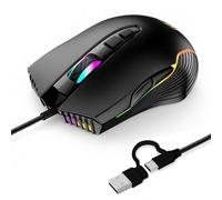 Souris de jeu filaire avec RVB et jiggler, double connectivité USB-C et USB-A jusqu'à 7200 D-PI 7 boutons ergonomiques de type C avec câble de 1,8 m pour PC, ordinateur portable, Mac, Chromebook