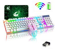 Souris sans Fil avec rétroéclairage Arc-en-Ciel 2,4 G Fonction Mécanique Rechargeable 104 Touches Clavier Gaming + 2400 DPI 6 Boutons Optique Rainbow LED Gaming Mouse + Tapis de Souris pour PC