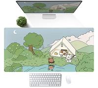 Sous-main de bureau à motif d’anime mignon en camping, tapis XL aux bords cousus pour ordinateur portable/de bureau, clavier et souris, pour étudiants, kawaii, 80 x 40 cm, vert