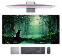 Sous-main de bureau avec motif mignon de forêt verte et chat noir, tapis XXL pour souris de jeu, ordinateur et clavier, décoration de bureau avec bords cousus, 80 x 40 cm