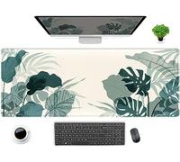 Sous-main de Bureau Tapis de Souris de Jeu Élargi pour Ordinateur Portable Clavier Accessoires de Bureau pour Femme Décoration Bureau Protection Anime Feuilles Tropicales Vertes Beige 80x30cm XL
