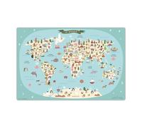 Sous-main effaçable pour enfants - Carte du monde bleue avec animaux en français - 60 x 40 cm - En vinyle de qualité supérieure
