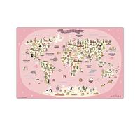 Sous-main effaçable pour enfants - Carte du monde rose avec animaux en allemand - 60 x 40 cm - En vinyle de qualité supérieure