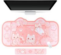 Sous-main Sakura CatTapis de jeu pour clavier NS Switch Grand tapis de sourisPastel Pink Kawaii Cute Anime Desk Blotter Protector avec support de poignet en gel