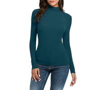 Sous-pull à manches longues pour femme - Col roulé - En coton - Doux et extensible - Couleur unie - Avec col montant - Coupe ajustée, Z2 bleu., xxl