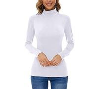 Sous-pull à manches longues pour femme - Col roulé fin - En coton - Basique - T-shirt à manches longues - Haut moulant - Col roulé - Couleur unie - Stretch - Élégant, Blanc., XL