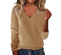 Sous Pull Femme Manches Longues, Pull Col V Femme Large, Sweater Couleur Unie Simple Pullover Court Décontracté Haut Basique Leger Tunique Mi Saison Polyvalent Loungewear Maison Quotidiennes Haut