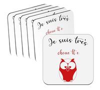 sous Verre en Bois - Je suis Tres Chouette Humour Mignon Hibou - Lot de 6 (95 x 95 mm)