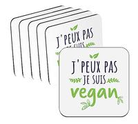 sous Verre en liège - J'Peux Pas Je suis Vegan Végétarien Respect Animal - Lot de 6 (95 x 95 mm)