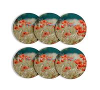 sous Verre Ronds Base Liège- Champ de Coquelicots et Blé Friche Fleurs Sauvages Nature - Lot de 6 (95 x 95 mm)