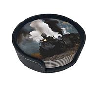 Sous-verres de train à vapeur rétro pour boissons, 6 sous-verres en cuir avec support, dessous de verre en cuir durable et antidérapant, parfaits pour les tasses à café et les tasses en verre de taill