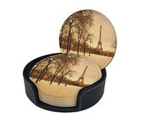 sous-Verres rétro Paris Tour Eiffel pour Boissons avec Support, sous-Verres en Cuir Lot de 6, adaptés aux Types de Tasses et Tasses