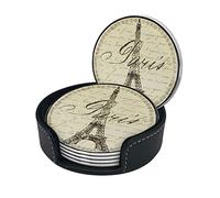sous-Verres rétro Paris Tour Eiffel pour Boissons avec Support, sous-Verres en Cuir Lot de 6, adaptés aux Types de Tasses et Tasses