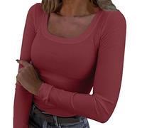 Sous-vêtement de sport à manches longues pour femme - Col carré - T-shirt à manches longues - Rayé - Pull stretch - Coupe ajustée - Haut sexy - Yoga - Streetwear athlétique, rouge, L