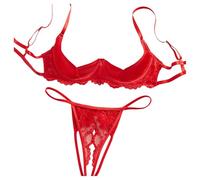 sous Vetement Femme - Soutien-Gorge Push-Up À Armatures en Dentelle Rouge Séduisant avec Culotte Assortie pour Les Rencontres (Red M)