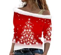 Sous-vêtement pour femme avec imprimé de Noël, épaules dénudées, manches longues, pull avec bretelles, pull de Noël pour filles, sweat-shirt de Noël pour la Saint-Valentin, rouge, L