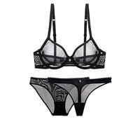 Sous-vêtements pour femme, lingerie sexy en tulle transparent, soutien-gorge et culotte ensemble d'affiches en dentelle, lingerie unie en maille transparente, sous-vêtements pour femme, Noir , 95C