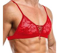 Sous-Vêtements Sissy Hommes en Dentelle Transparente - Soutien-Gorge Crop Top Gilet Sexy Lingerie Bra Top Chemise de Nuit Clubwear, Rouge, S