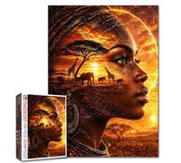 South African Women 1000 Pieces Puzzles Sunset Elephants Giraffes Animal Jigsaw for Adults Black Girl Painting Picture Family Puzzle for Game Nights Home Wall Decor DIY Craft Gift 19.7 x 27.6 inch