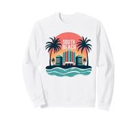 South Beach Poster rétro Art déco Paradis Tropical Sweatshirt, Unisexe pour Adultes, Blanc, S