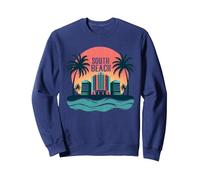 South Beach Poster rétro Art déco Paradis Tropical Sweatshirt, Unisexe pour Adultes, Bleu Marine, XXL