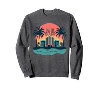 South Beach Poster rétro Art déco Paradis Tropical Sweatshirt, Unisexe pour Adultes, Chiné Foncé, XXL