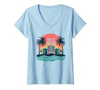 South Beach Poster rétro Art déco Paradis Tropical T-Shirt avec Col en V, Femme, Bleu Céleste, XXL