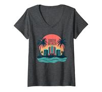 South Beach Poster rétro Art déco Paradis Tropical T-Shirt avec Col en V, Femme, Chiné Foncé, XXL