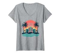South Beach Poster rétro Art déco Paradis Tropical T-Shirt avec Col en V, Femme, Gris Chiné, XXL