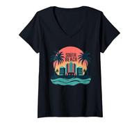 South Beach Poster rétro Art déco Paradis Tropical T-Shirt avec Col en V, Femme, Noir, XXL