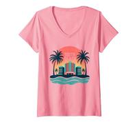 South Beach Poster rétro Art déco Paradis Tropical T-Shirt avec Col en V, Femme, Rose, XXL