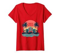 South Beach Poster rétro Art déco Paradis Tropical T-Shirt avec Col en V, Femme, Rouge, XXL
